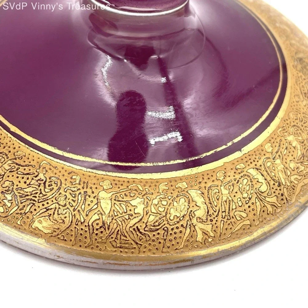 Vintage Amethyst Glass Candlesticks Pair Gold Encrusted Classical Figures 9.5
